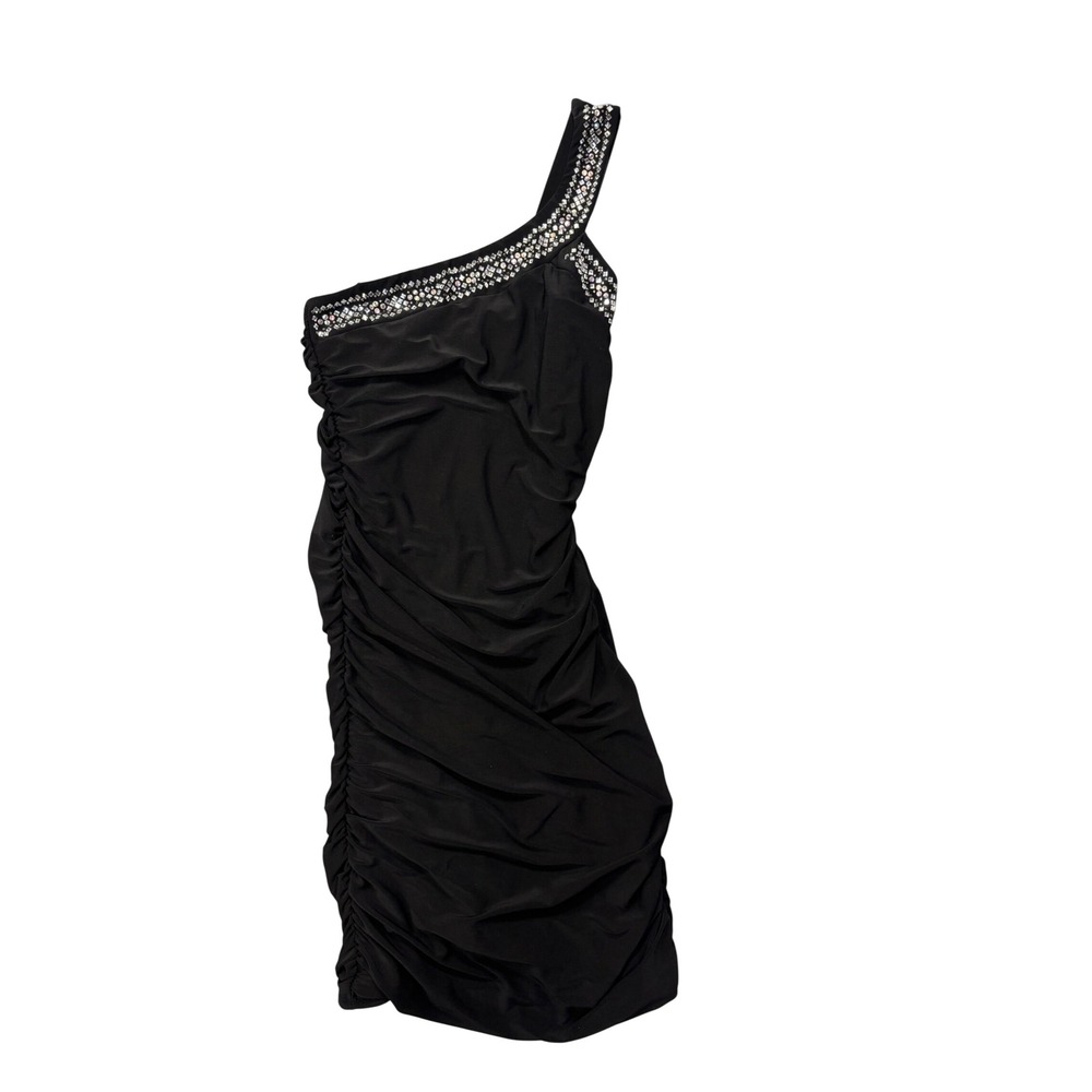 Deb Y2K Mini Dress S One Shoulder Black Ruched Rhinestone Trim Party Going Out
